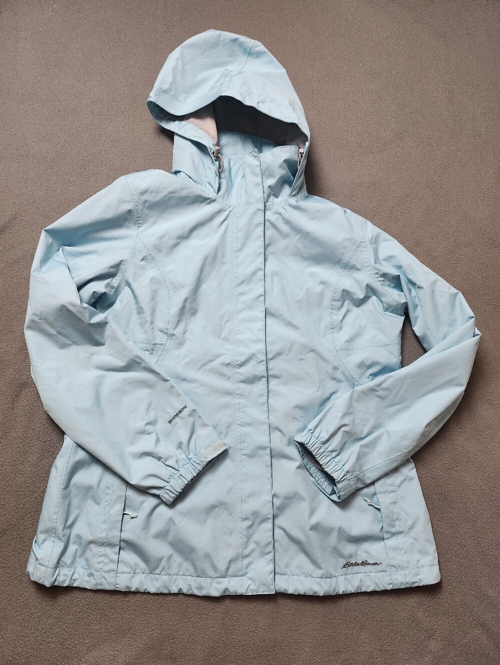 Eddie Bauer WeatherEdge Women’s Light Blue Hooded Rain Jacket Size L